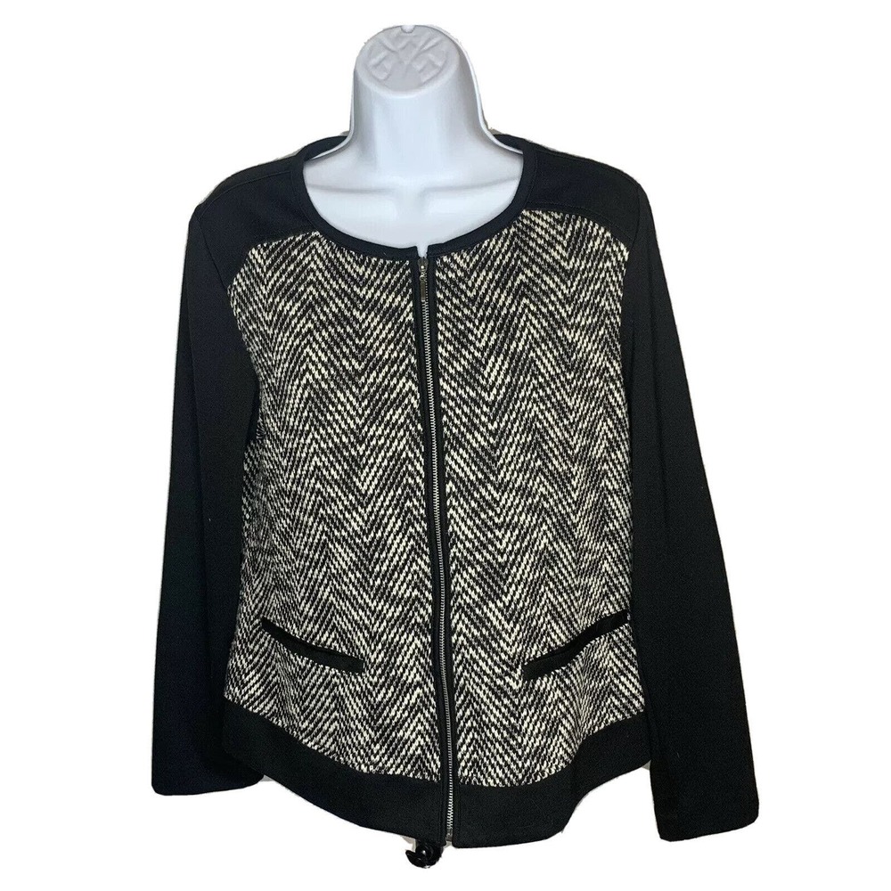 Chicos Womens Jacket Size 1 Black White Herringbone Zip Up Career Business
